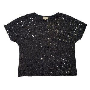 Sequin-Embellished Black Short-Sleeve Top By Melloday Womens Loose Fit S, NWT